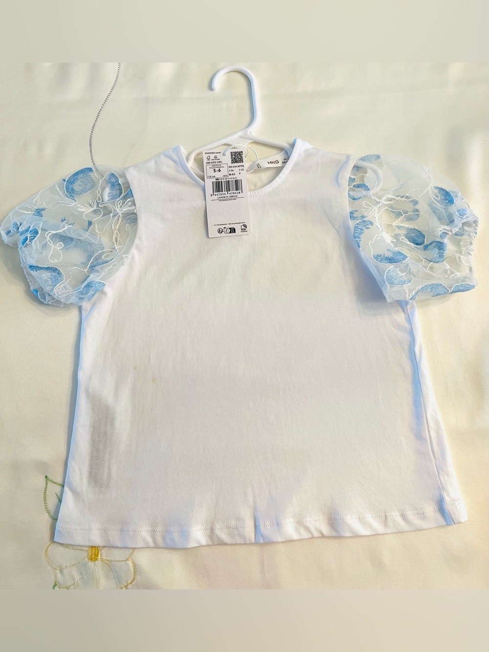 Mango White Tee with Light Blue Floral Puff Sleeves